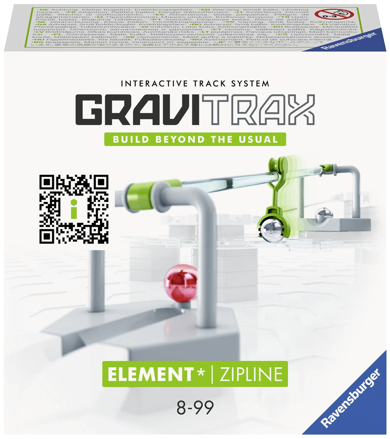 Ambalaža prikazuje interaktivni Gravitrax set 'Element Zipline' kompanije Ravensburger, pogodan za djecu od 8 godina. Uključuje stazu i kuglu.