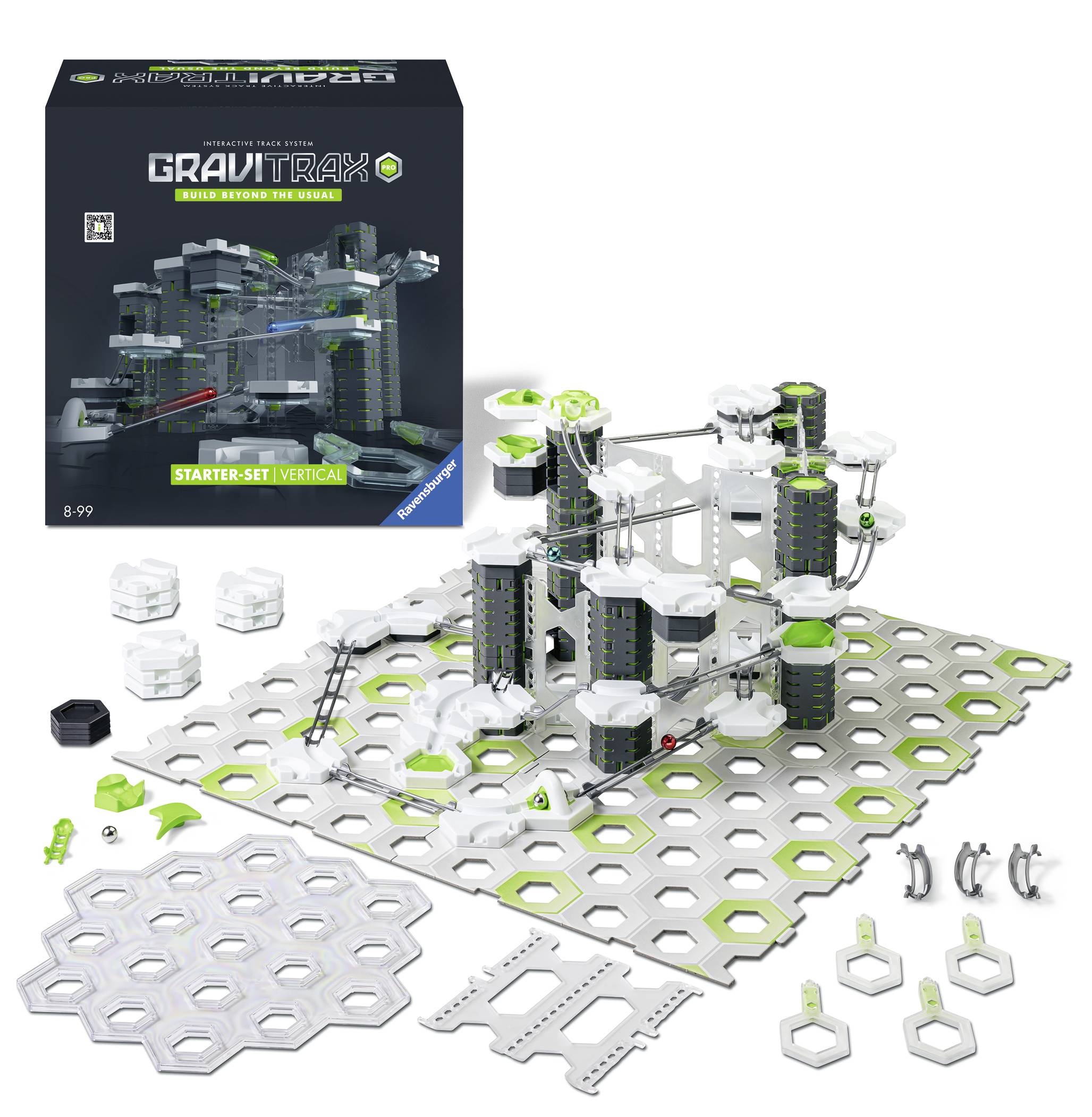 'GraviTrax Starter-Set Vertical' iz Ravensburgerove serije, prikazuje set za gradnju kuglične staze s vertikalnim elementima i pripadajućom opremom.