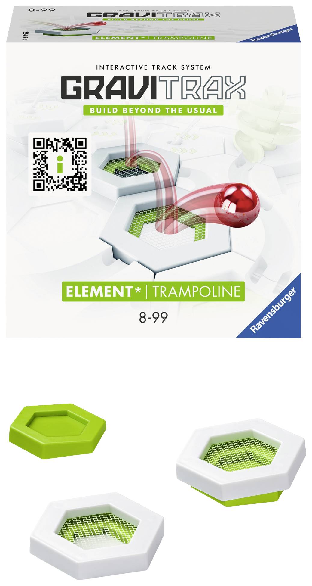 Ambalaža GraviTrax Trampolina elemenata od Ravensburgera s prikazom trampolinske komponente. Prikladno za osobe od 8 do 99 godina.