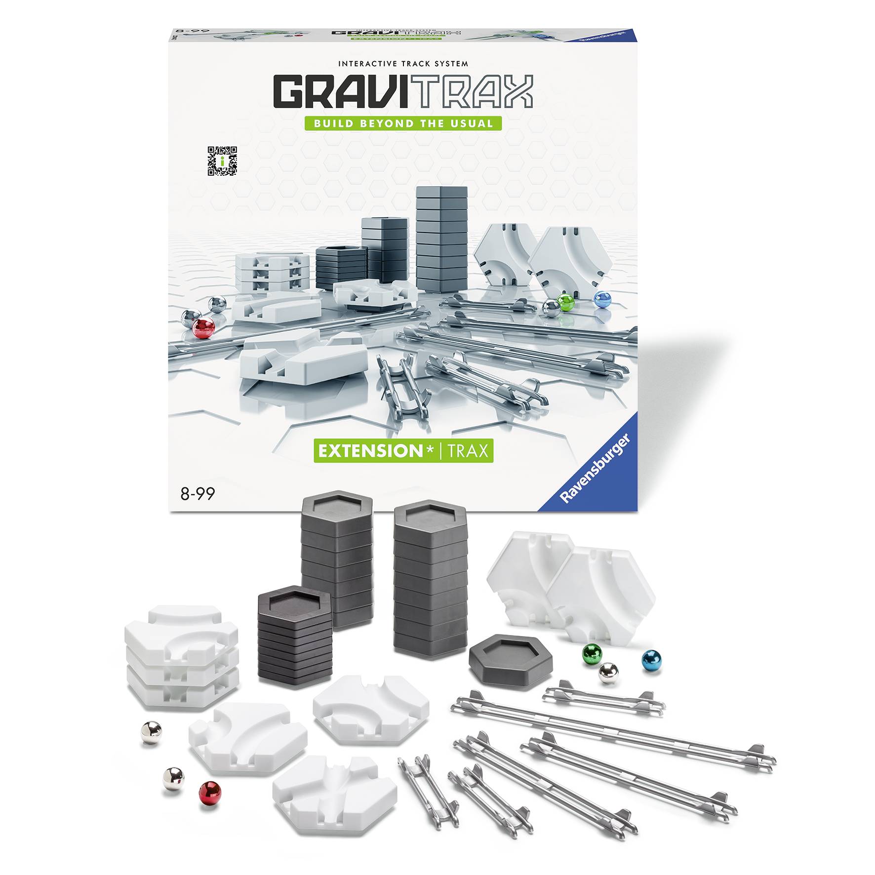 Proширени komplet GraviTrax, sadrži tračnice, kuglice i komponente za izgradnju. Pogodan za osobe od 8 do 99 godina, Ravensburger, sivi dizajn.