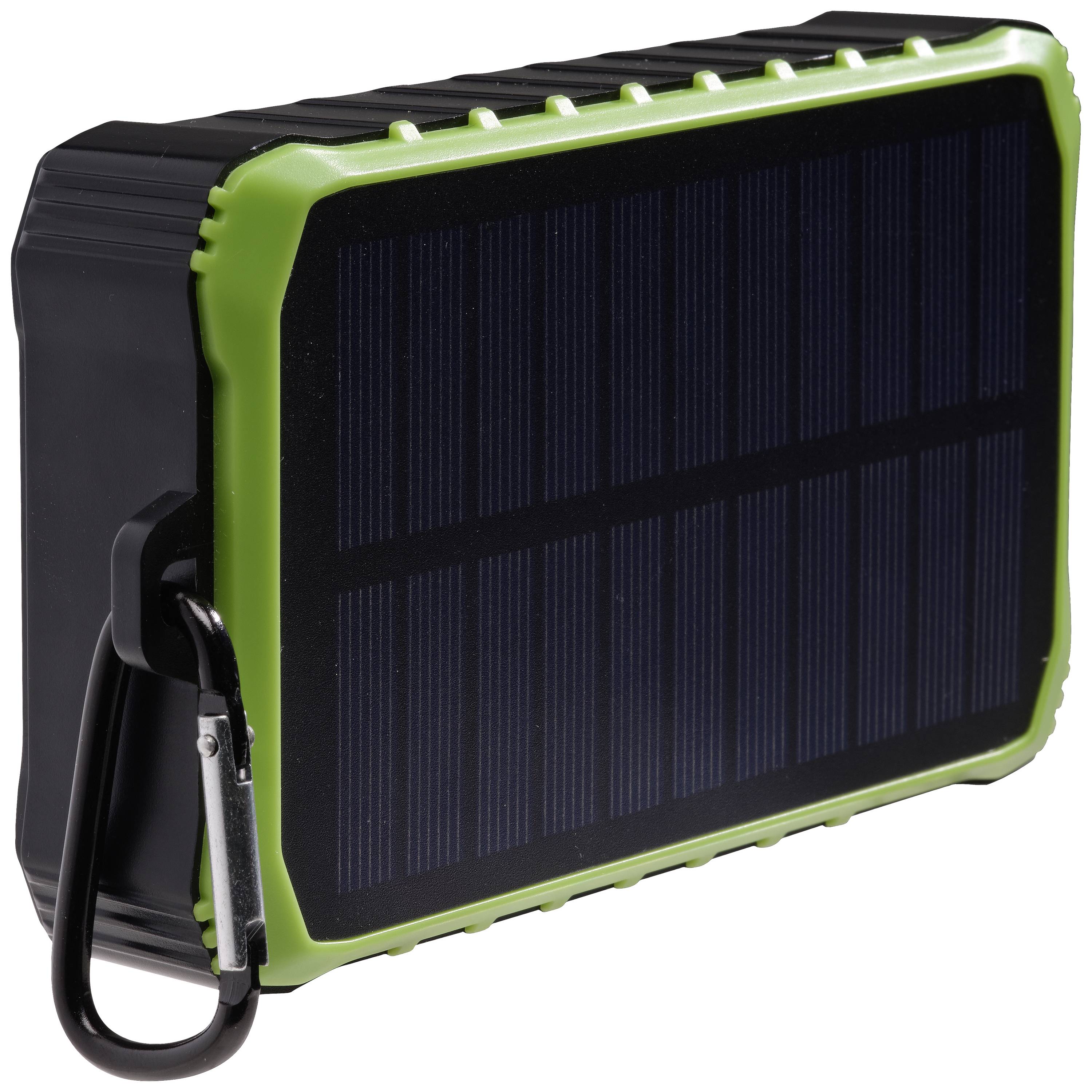Prijenosni, pravokutni solarni punjač s zelenim okvirom i integriranom karabinom za jednostavno pričvršćivanje.