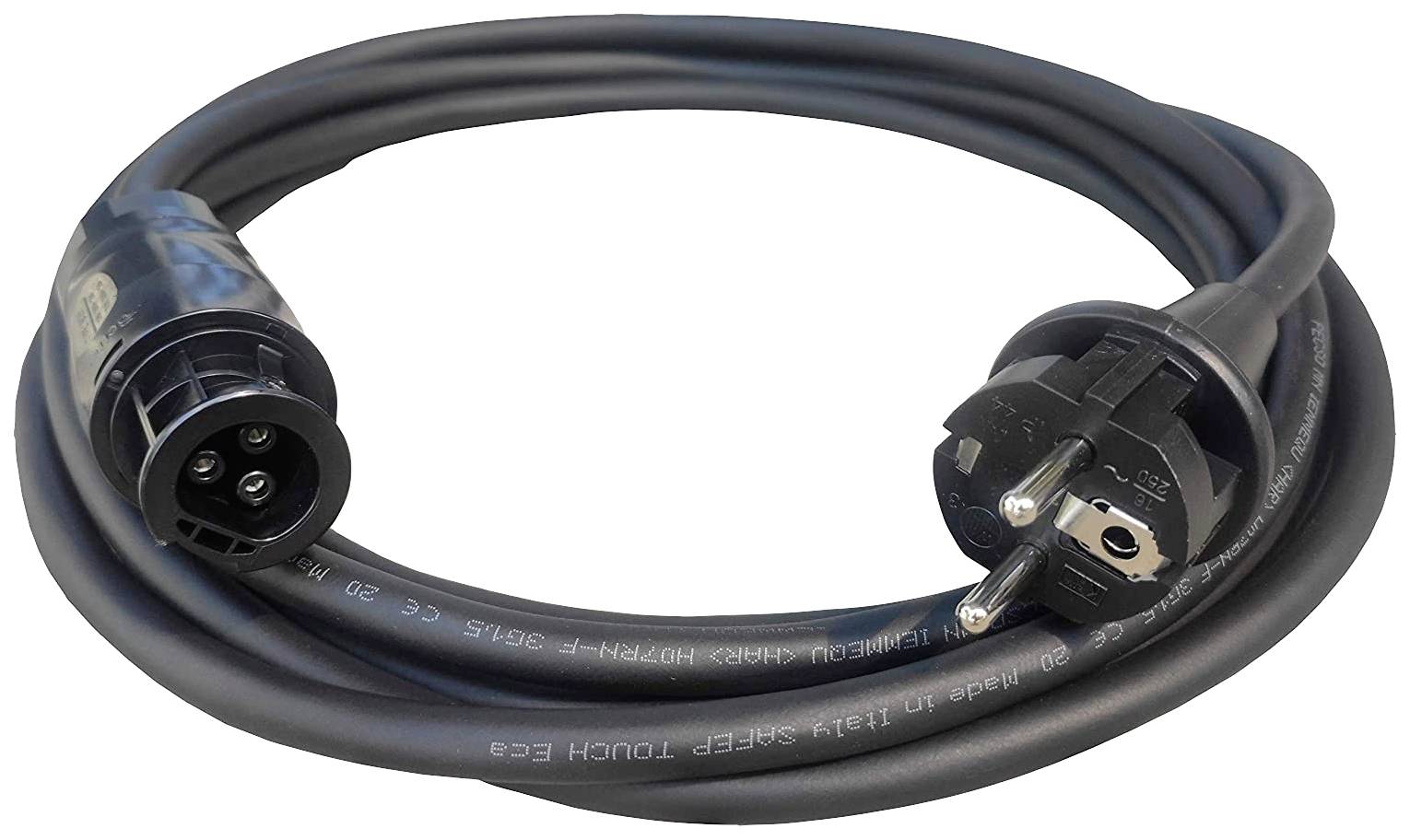 Crni produžni kabel s Schuko utikačem na jednoj strani i trofaznom utičnicom na drugoj strani.