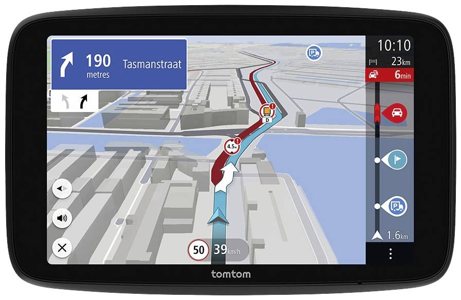 Zaslon navigacijskog uređaja: Ruta do 'Tasmanstraat' za 190 metara. Prometni simboli pokazuju kašnjenje i ograničenje brzine od 50 km/h.