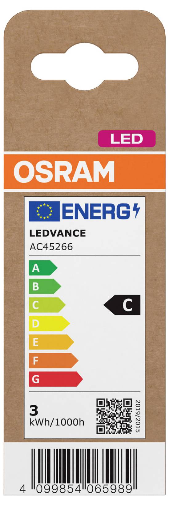 OSRAM LEDVANCE LED žarulja s ambalaž om, EU energetskom oznakom, razredom energetske učinkovitosti C i barkod om.