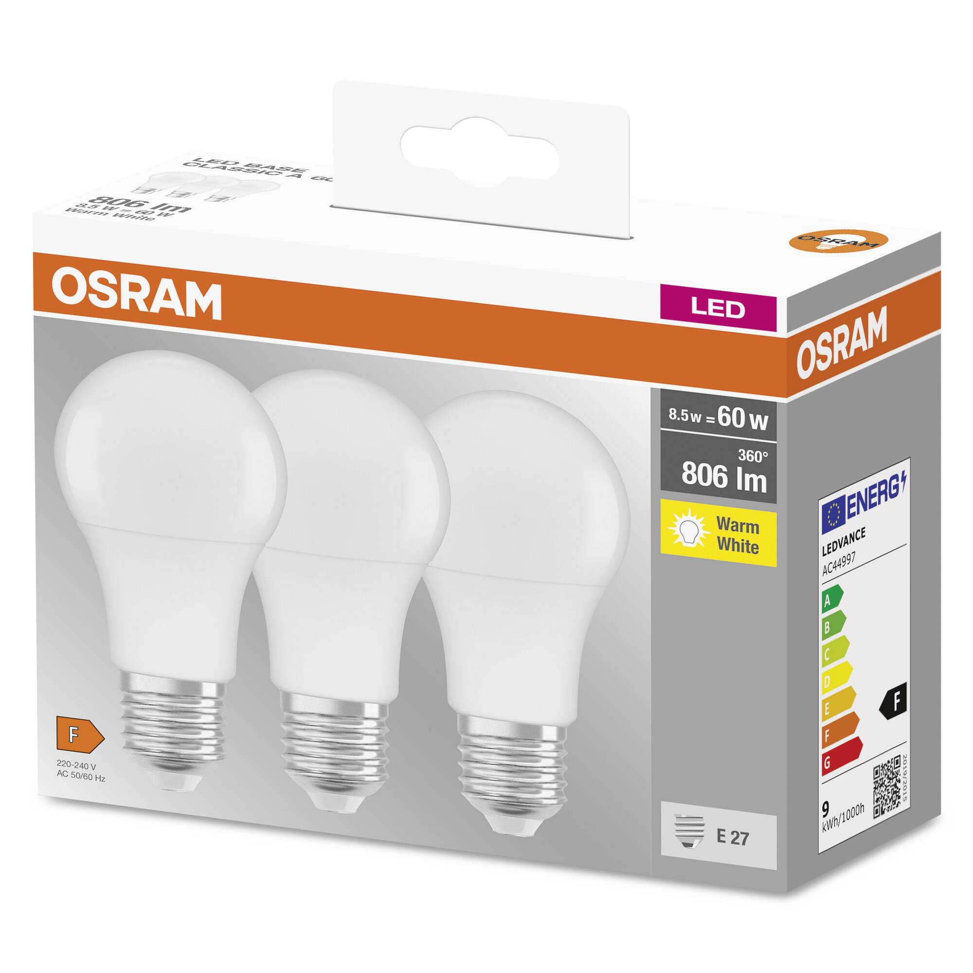 Paket Osram LED žarulja, 8,5W, 806 lumena, toplo bijelo, E27 podnožje, energetski razred F, pakiranja od 3 komada.