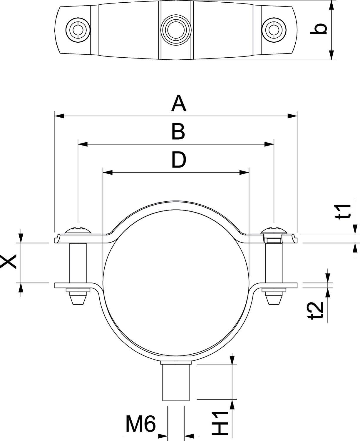 Tehnički nacrt sustava učvršćivanja obujmica s mjernim oznakama: A, B, D, H1, X, t1, t2, b i M6.