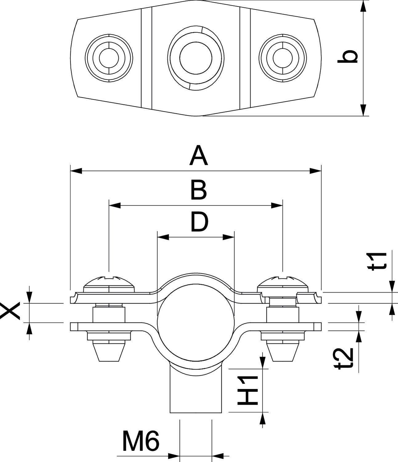 Tehnički nacrt nosača cijevi s dimenzijama i oznakama za 'A', 'B', 'D', 't1', 't2', 'b', 'H', 'X' i 'M6'.