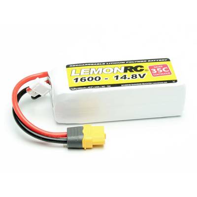 Litij-polimerska baterija LemonRC-a kapaciteta 1600 mAh i napona 14,8 V. Pogodna za modelarstvo, nosi upozorenje '35C trajno'.