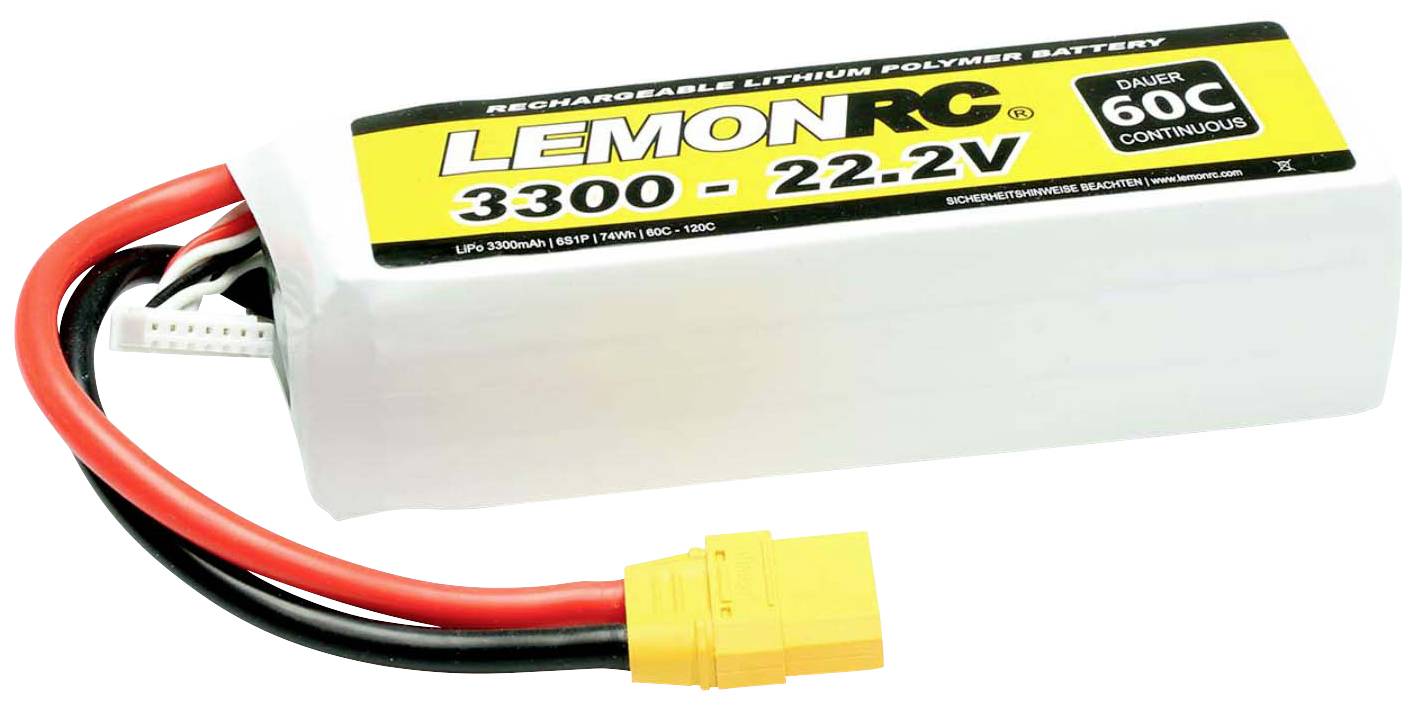 Bijeli litij-polimerski akumulator s natpisom 'Lemon RC 3300-22.2V 60C'. Crveni i crni kabeli završavaju u žutom utikačу.