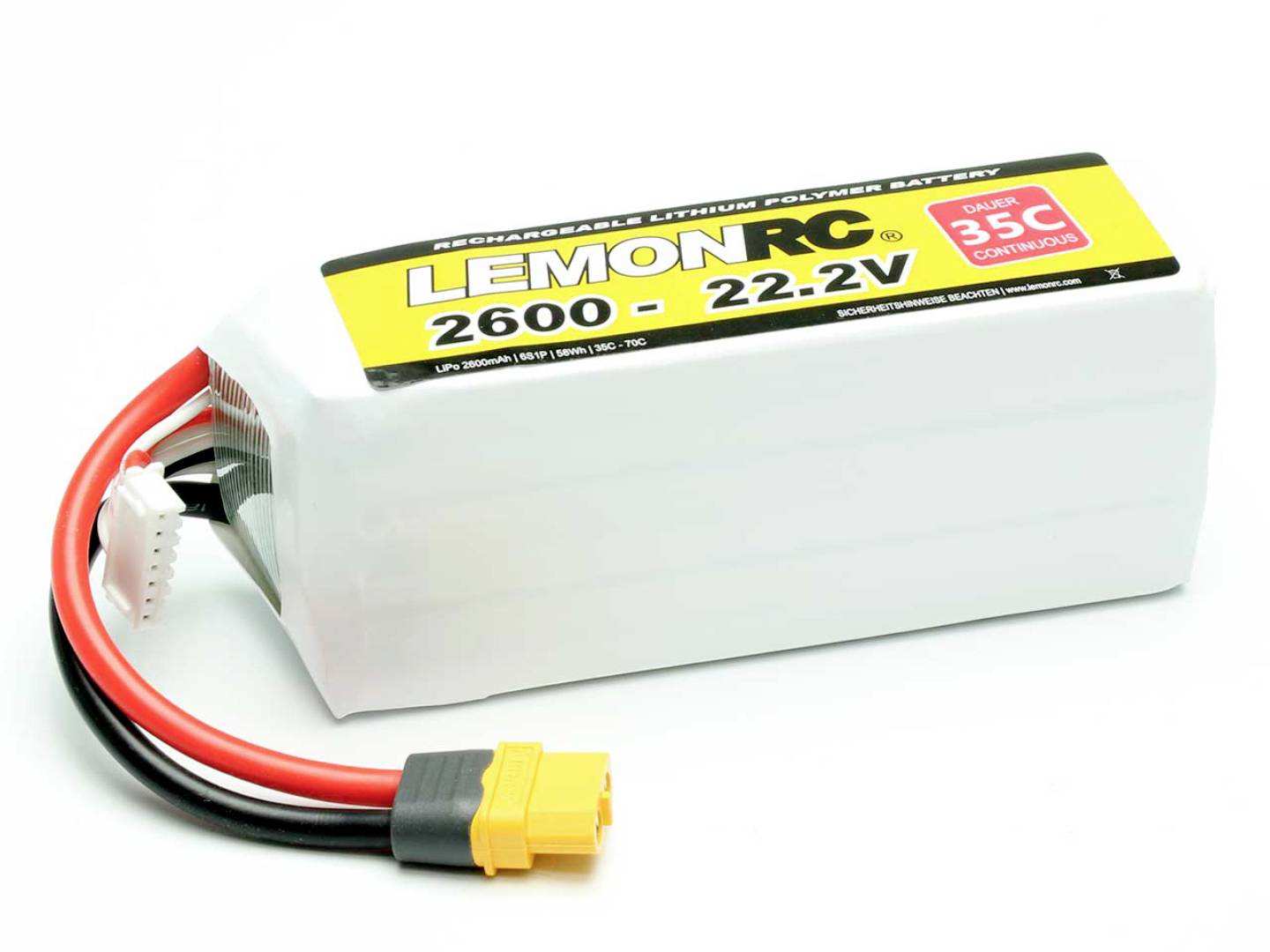 Litij-polimerni akumulator kapaciteta 2600 mAh i napona 22,2 V. Tekst na naljepnici: 'LEMONRC, 2600 - 22.2V, 35C'.
