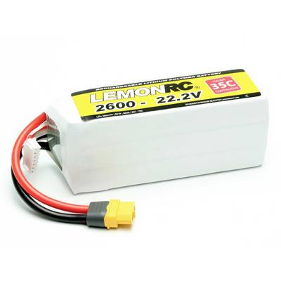 Litij-polimerni akumulator kapaciteta 2600 mAh i napona 22,2 V. Tekst na naljepnici: 'LEMONRC, 2600 - 22.2V, 35C'.