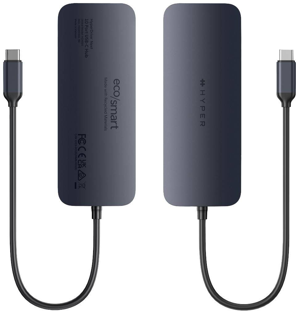 Dva USB-C hubova prikazana jedan pored drugog; lijevi je označen kao 'ecosmart', desni kao 'hyper'; oba imaju kompaktne, zaobljene dizajne.
