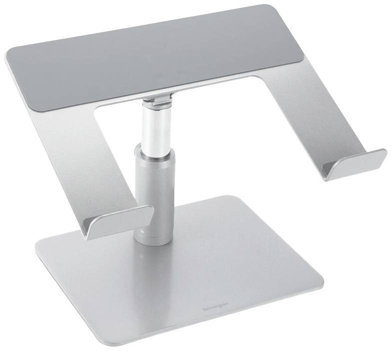 Srebrni stalak za prijenosno računalo podesive visine i široke baze za stabilnost. Idealan za ergonomsko uređenje radnog prostora.