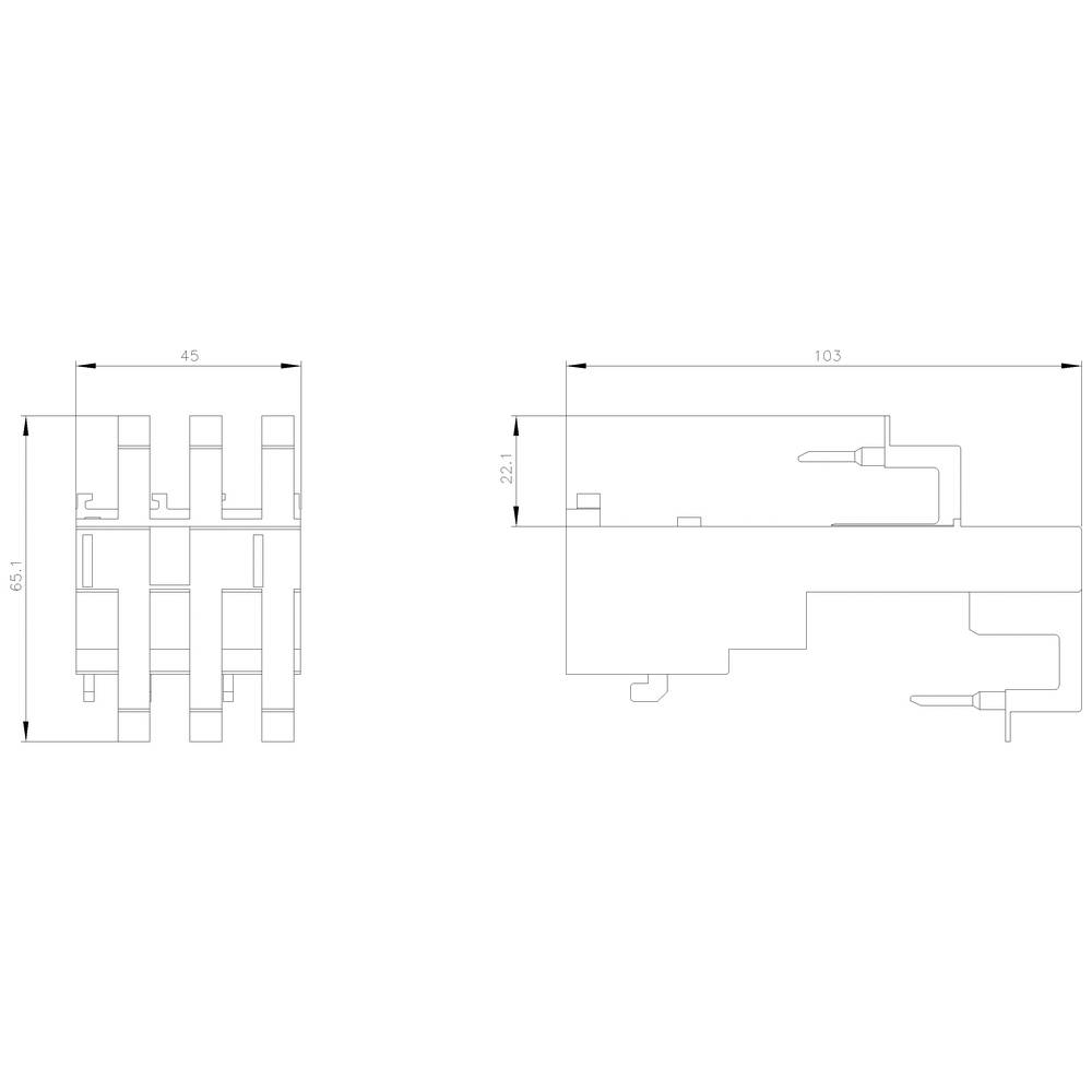 Tehnički nacrt električnog komponenta s dimenzijama 45x65,1 mm i 103x22,1 mm. Prikazuje strukturne detalje.