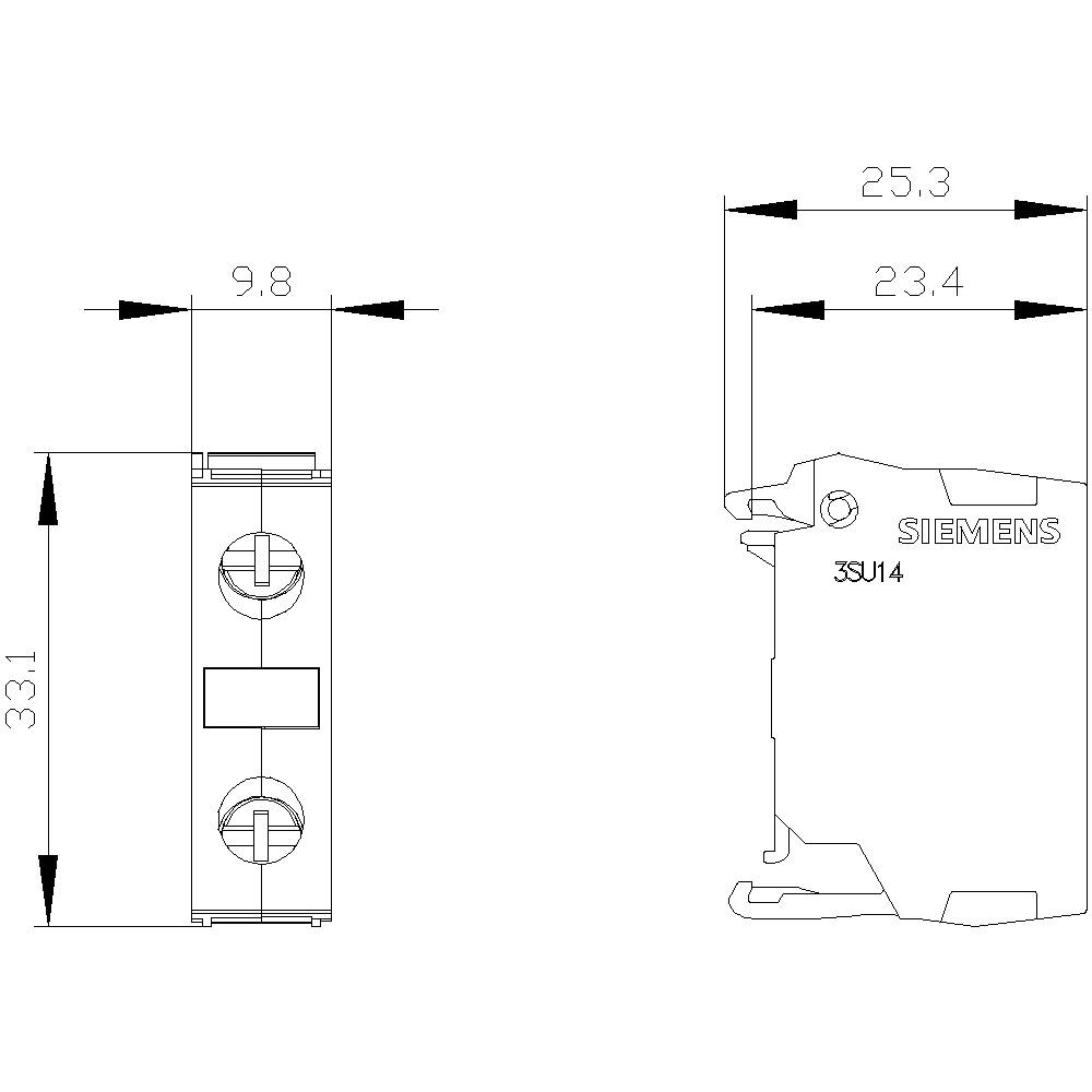 Tehnički nacrt Siemens 3SU14 komponente s dimenzijama: visina 33,1 mm, širina 9,8 mm, dubina 25,3 mm.