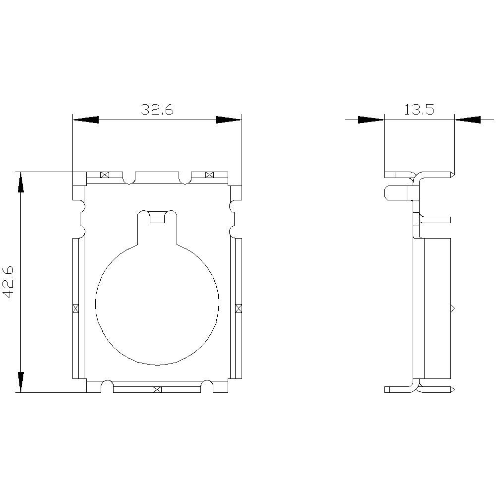 Tehnički nacrt pravokutnog objekta s dimenzijama 32,6 x 42,6 mm, bočni pogled prikazuje dubinu od 13,5 mm.
