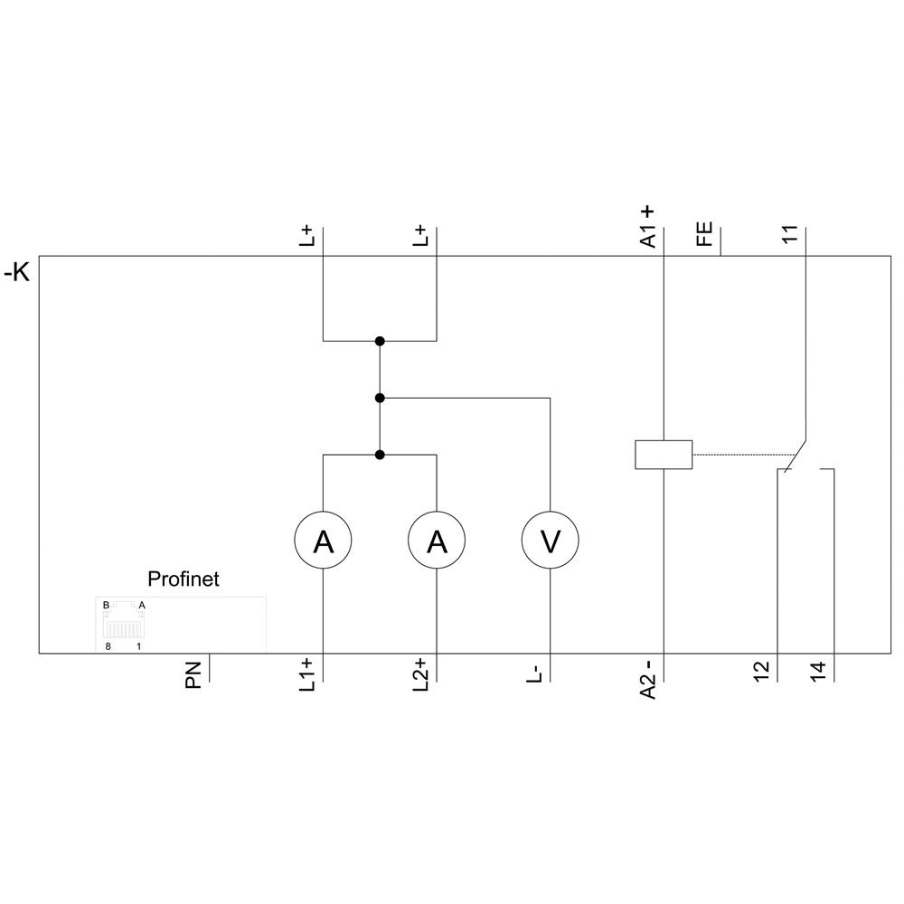 'Električni plan s Profinet vezom, dva ampermetra (A) i jednim voltmetrom (V). Strujni krugovi s L1+, L2+, L-, A2-, A1+, FE, PN.'