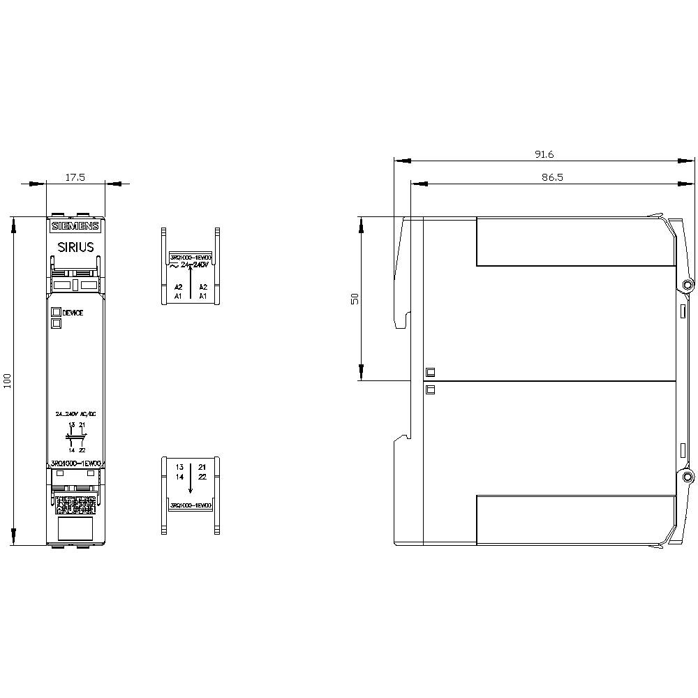 Dijagram Siemens Sirius uređaja s tehničkim dimenzijama: visina 100 mm, širina 17,5 mm, dubina 91,6 mm. Sadrži oznake i detalje montaže.