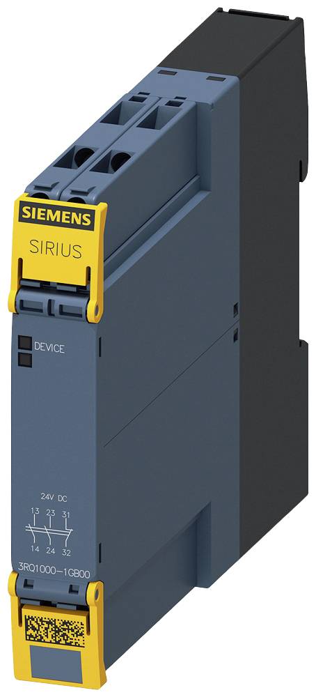 Elektronički uređaj 'Siemens SIRIUS', plavo-žut, s natpisom 'DEVICE', 24V DC. Pravokutni dizajn za industrijske primjene.
