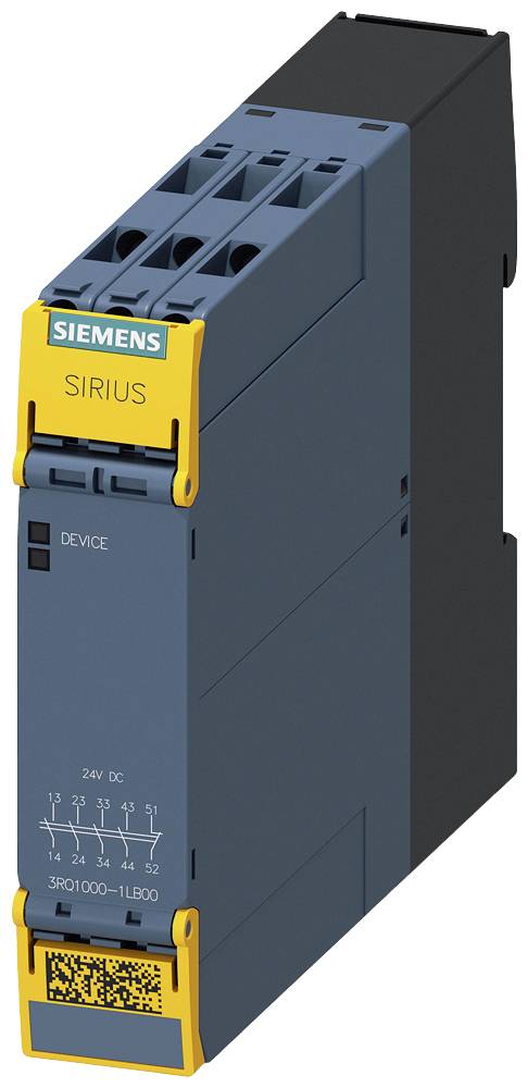 Industrijski relej Siemens, model 'SIRIUS', prikazuje prednje utičnice i priključna mjesta. Oznaka proizvoda žutim QR kodom.