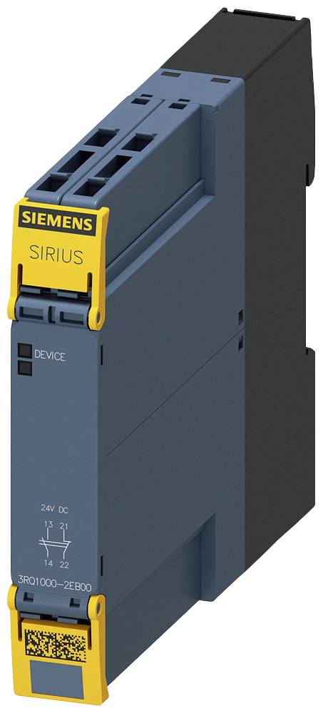 Plava Siemens SIRIUS naprava sa žutim detaljima. Radi se o elektroničkom modulu s priključcima na gornjoj strani.