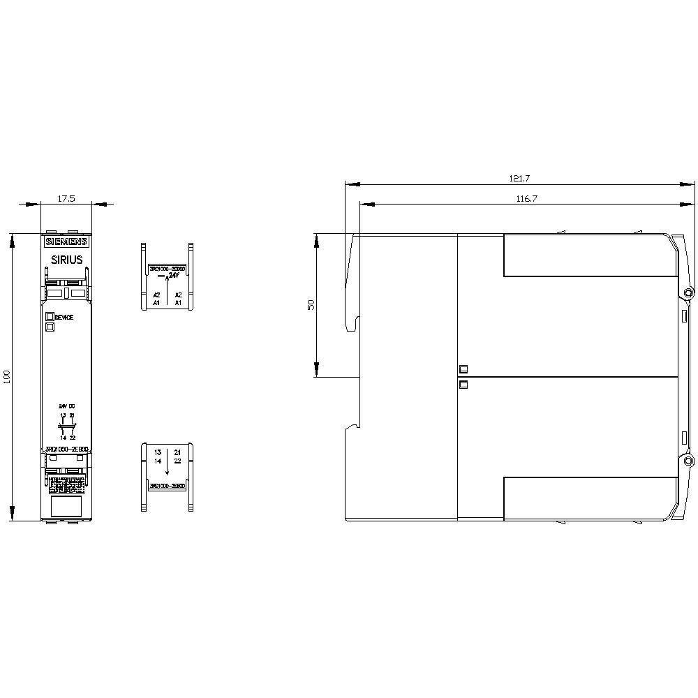 Tehnički nacrt električnog komponenta s dimenzijama 100x17,5 mm i 116,7x181,7 mm, natpis 'Sirius'.