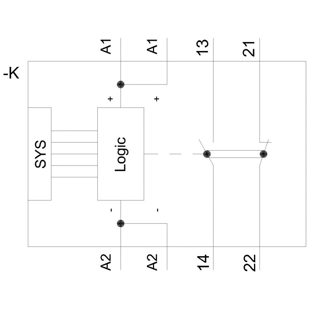 Dijagram električnog upravljačkog sustava s priključcima SYS, LOGIC i stezaljkama A1, A2, 13, 14, 21, 22.