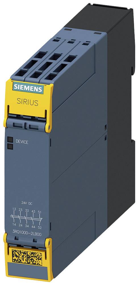 Siemens Sirius uređaj, kućište plavo-žute boje, prikazuje prednju stranu s natpisima: 'UREĐAJ', '24V DC', QR kod pri dnu.