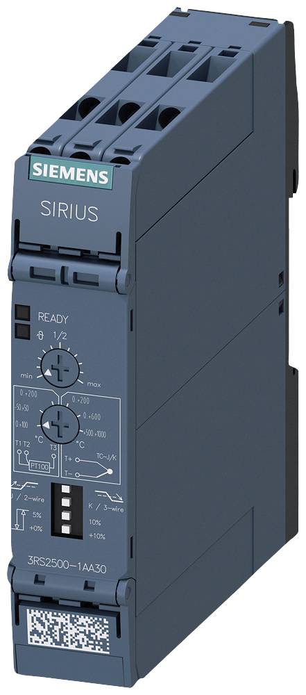 Industrijski preklopni uređaj Siemens serije Sirius. Uređaj prikazuje upravljačke elemente, LED indikatore i tehničku dijagramu na prednjoj strani.