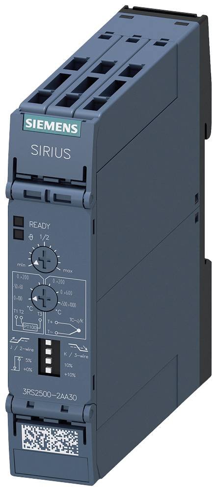 Plava Siemens Sirius relejska naprava s dva okretna regulatora, indikatorskim svjetlima i QR kodom na donjem dijelu.