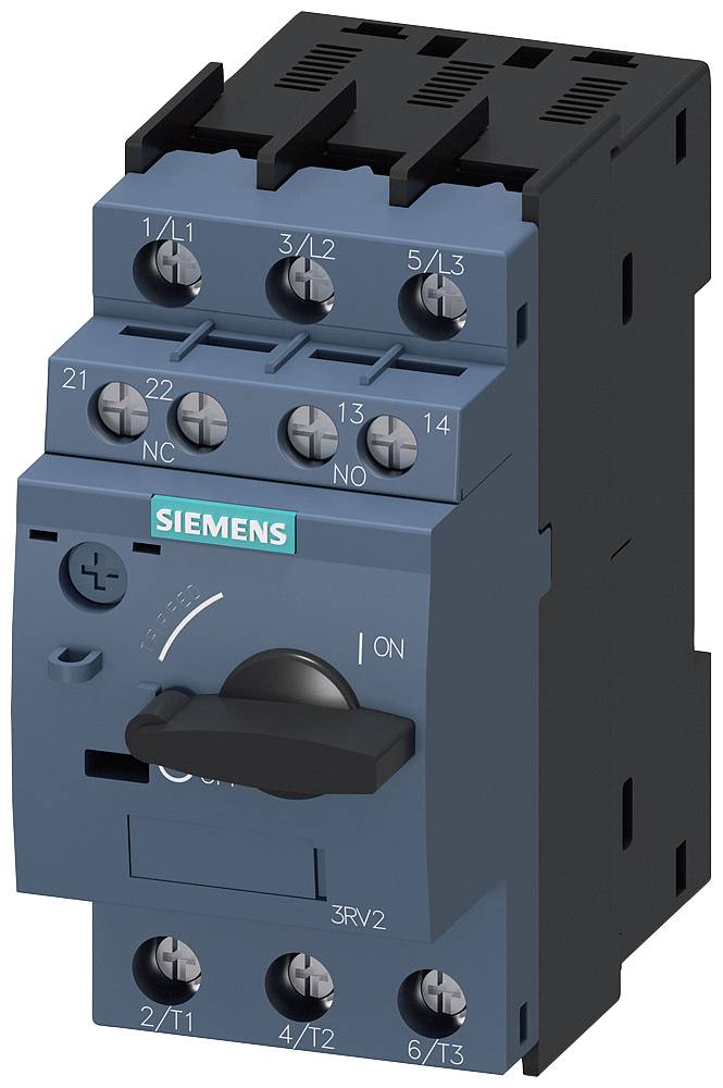 Električni prekidač tvrtke Siemens, tamplavo plave boje, s okretnom ručkom i nekoliko priključnih točaka za upravljanje električnim strujnim krugovima.
