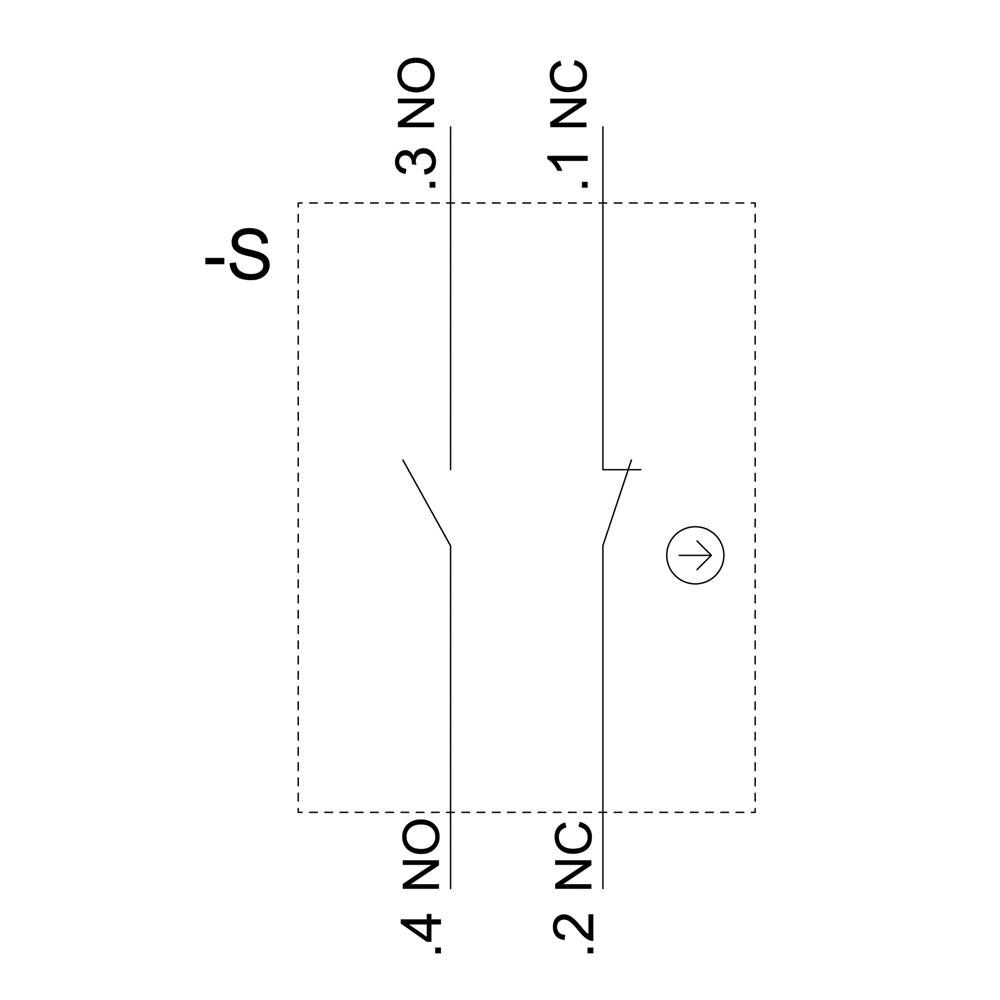 'Relej s 4 kontakta: Terminal 1 (NC), 2 (NC), 3 (NO), 4 (NO). Strelica pokazuje smjer strujnog toka. Isprekidani okvir oko kontakata.'