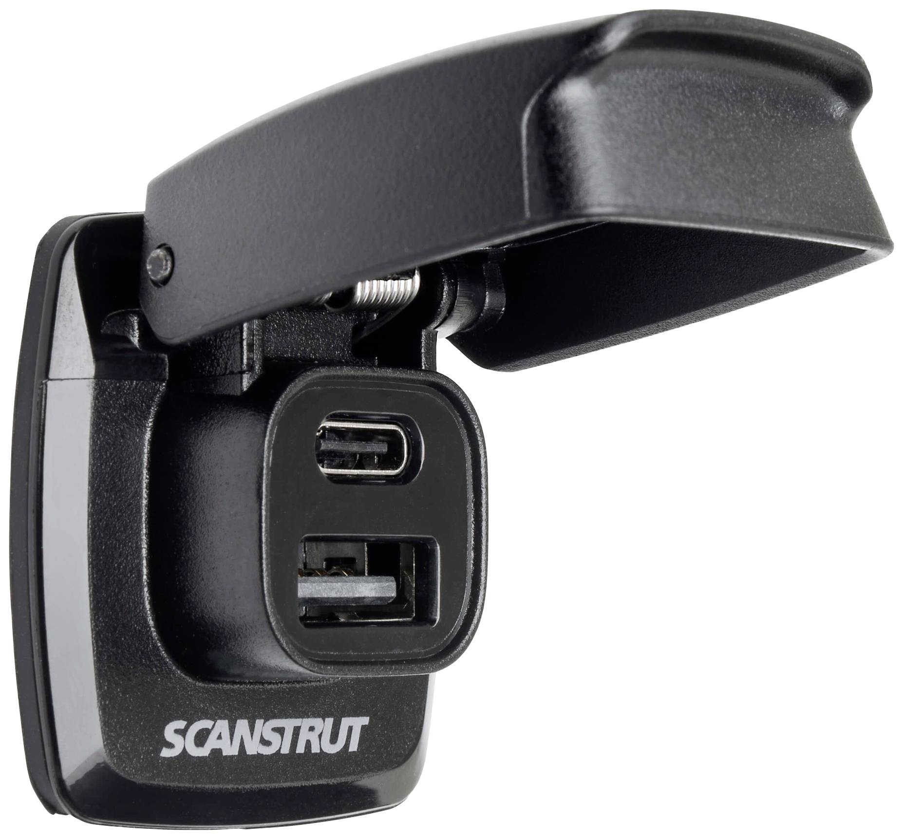 Crni mrežni adapter s USB i USB-C priključcima, pogodan za montažu na zid. Poklopac štiti priključke.