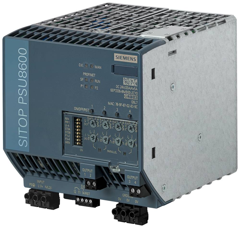 Pravokutni, sivi elektronički uređaj s natpisom 'SITOP PSU8600' tvrtke Siemens, vjerojatno sustav za napajanje strujom.