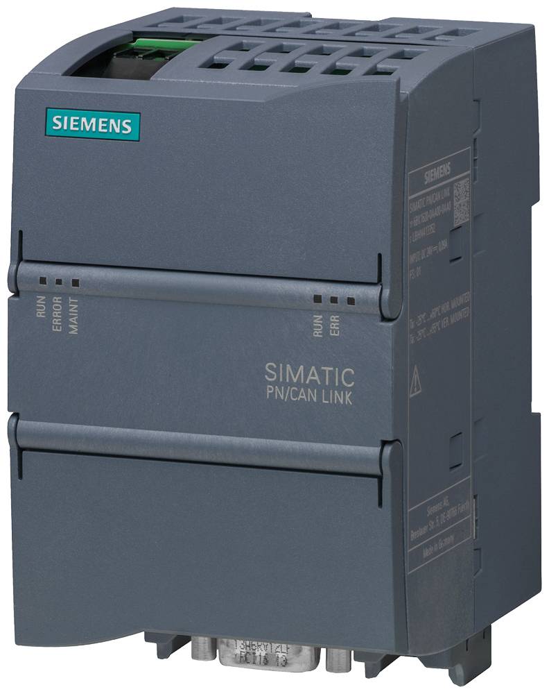 Slika prikazuje sivo Siemens SIMATIC PN/CAN LINK modulom koji se koristi u industrijskoj automatizaciji.