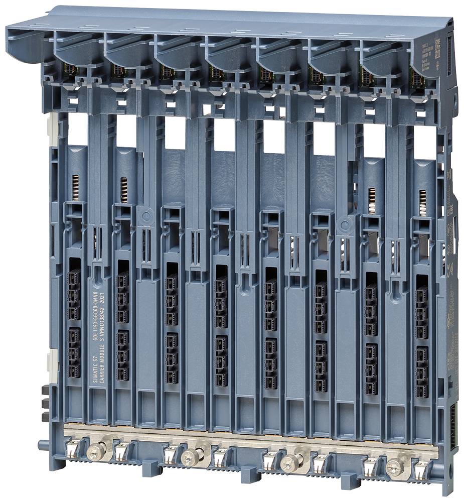 Industrijski kontrolni sustav koji se sastoji od plavog postolja s nekoliko vertikalnih utora za elektroničke module.