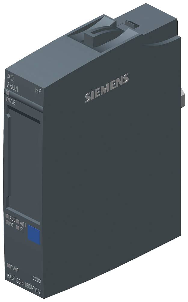 Programabilni logički kontroler (PLC) modul tvrtke Siemens s natpisom 'AQ 2xU/I HF'.