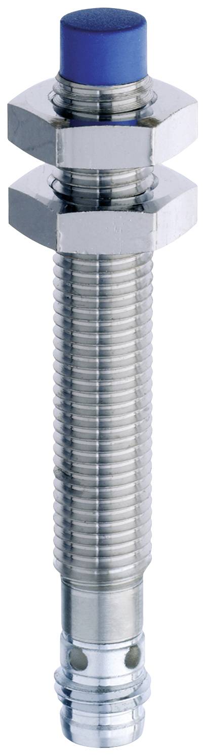 Metalni cilindrični senzor s plavim plastičnim vrhom i dvije šesterokutne matice.