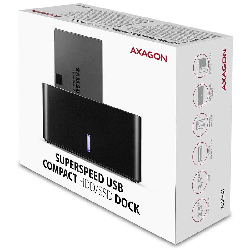 Crna HDD/SSD doking stanica od Axagona s Ultra brzim USB priključkom i podrškom za 2,5"- i 3,5"- pogone. Pakiranja prikazuje slike proizvoda i specifikacije.