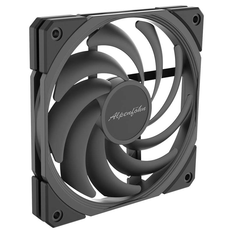 Crni računalni ventilator s devet savijenih lopatica rotora, montiran u kvadratni okvir, vidljivo ime marke 'Alpenföhn'.