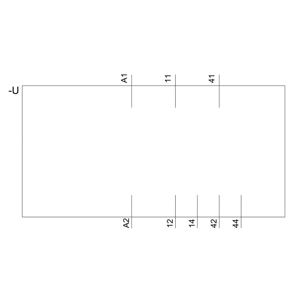 Dijagram 2x4-matričnog prekidača. Lijevo: priključci A1, A2; gore: -U. Desno: priključci 11, 12, 14, 41, 42, 44.