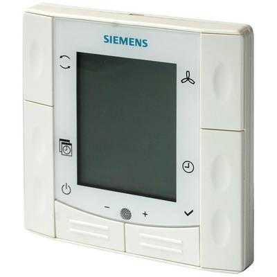 Bijeli Siemens sobni termostat s digitalnim zaslonom; prikazuje postavke temperature i načine rada ventilacije. Tipke za upravljanje nalaze se ispod zaslona.