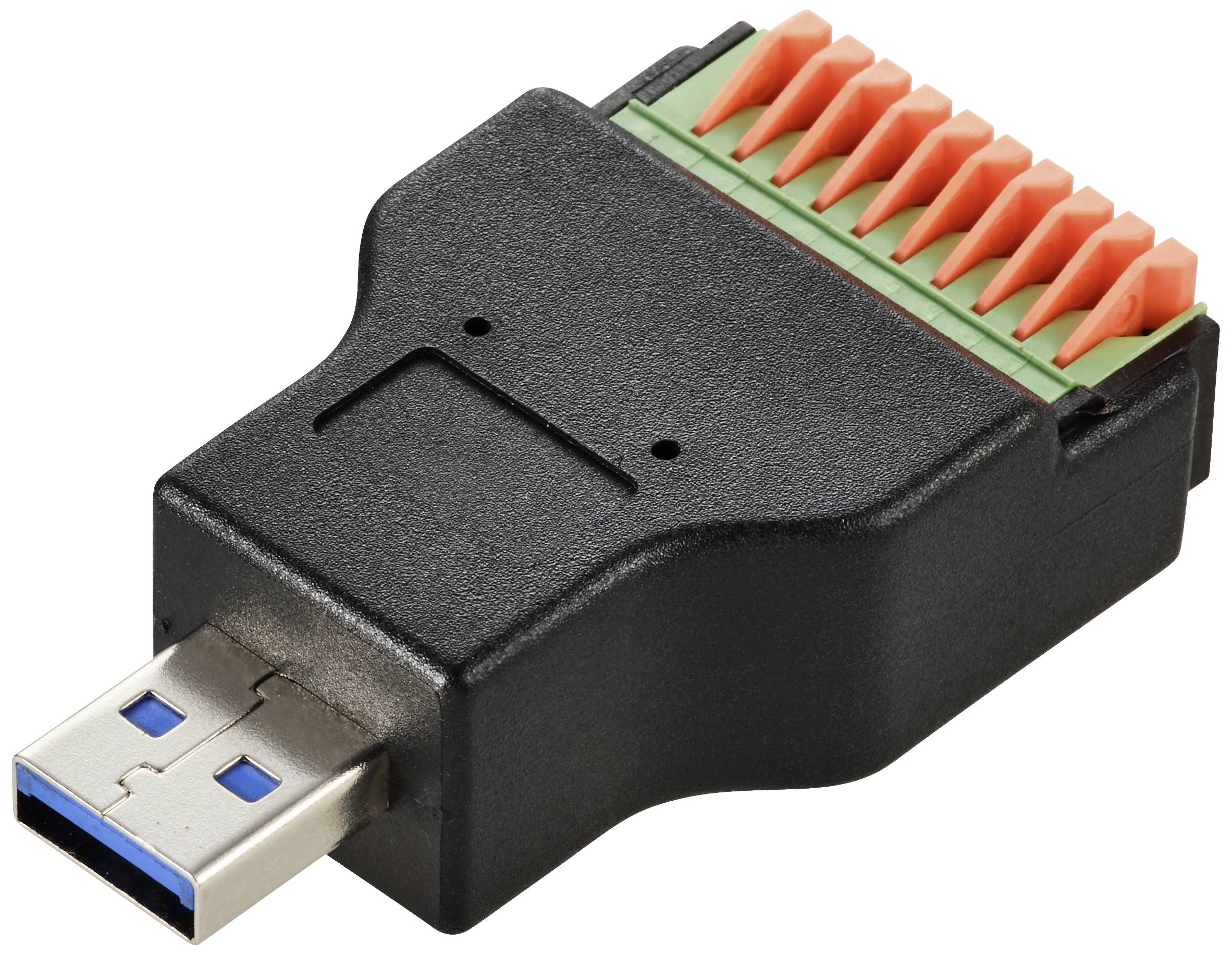 USB utikač s zelenom i narančastom priključnom trakom za spajanje različitih kabela.
