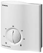 Bijeli sobni termostat tvrtke Siemens, prikazuje okretni gumb s oznakama od 5 do 30 stupnjeva Celzija. Logo 'Landis & Staefa'.
