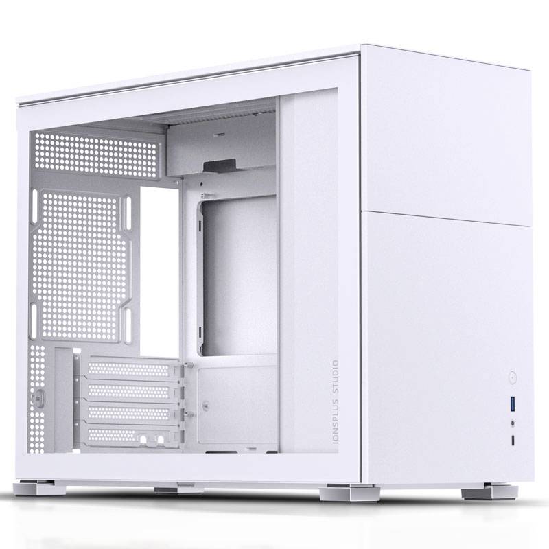 Bijelo kućište za PC-e s otvorenim bočnim panelom bez komponenti, prikazuje prostor za matičnu ploču, pogone i ventilatore.
