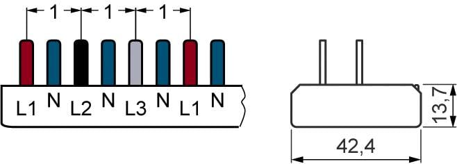 Ilustracija električne razvodne kutije. Prikazuje kontaktne točke L1, N, L2, N, L3, N, L1, N s razmacima i ukupnom dimenzijom od 42,4 mm.
