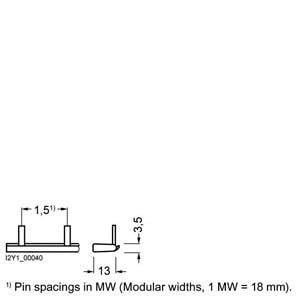 'Razmaci iglica u MW (modulnim širinama, 1 MW = 18 mm).' Dijagram koji prikazuje bočni i prednji pogled s dimenzijama: širina 1,5 MW, visina 13 mm, dubina 3,5 mm.