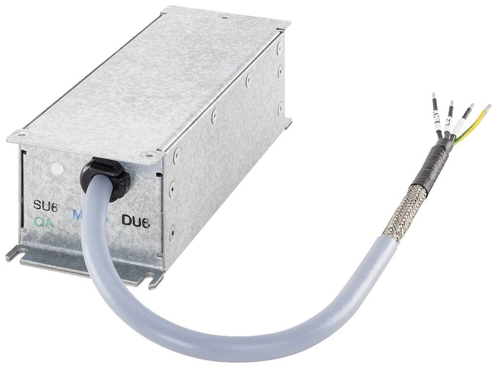 Metalni elektronički komponenent s priključenim kabelom, vjerojatno elektromagnetski filter.