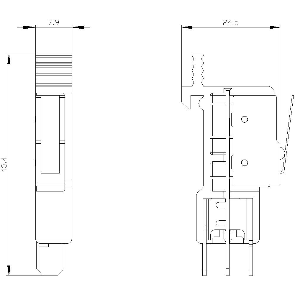 Tehnički nacrt konektora u dva prikaza: pogled sa strane s dimenzijama 48,4 x 7,9 mm i prednji pogled širine 24,5 mm.