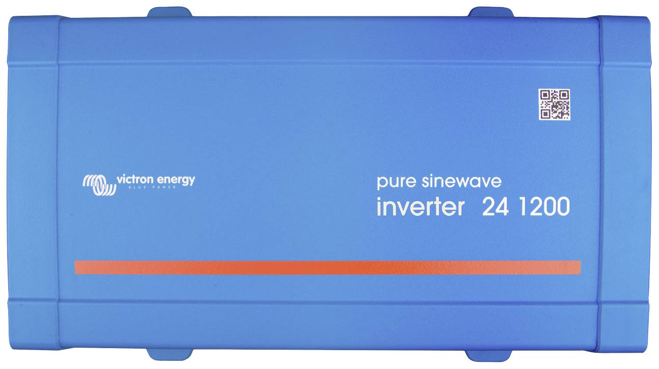 Plavi pretvarač tvrtke Victron Energy s natpisom 'pure sinewave inverter 24 1200'.